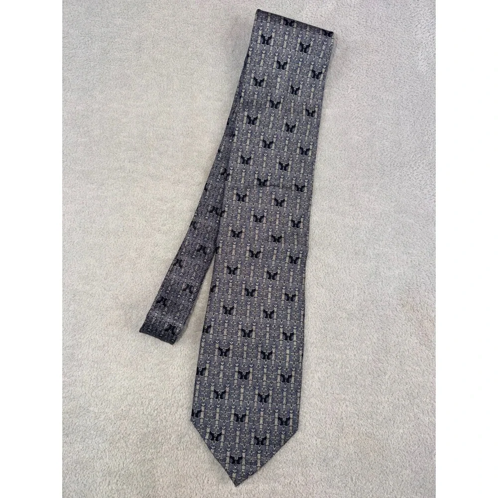 Tesoro Rosso Mens‎ Silk Tie Grey Navy Blue Geometric Butterfly Hand Made Korea